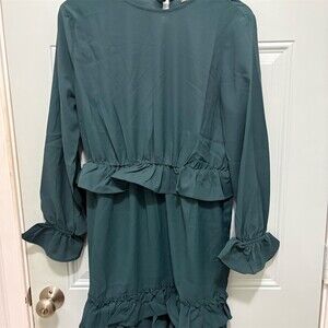 3/$15 SHEIN X Midi Dress Womens Size L Deep Green Long Sleeve Ruffle Hem Peplum